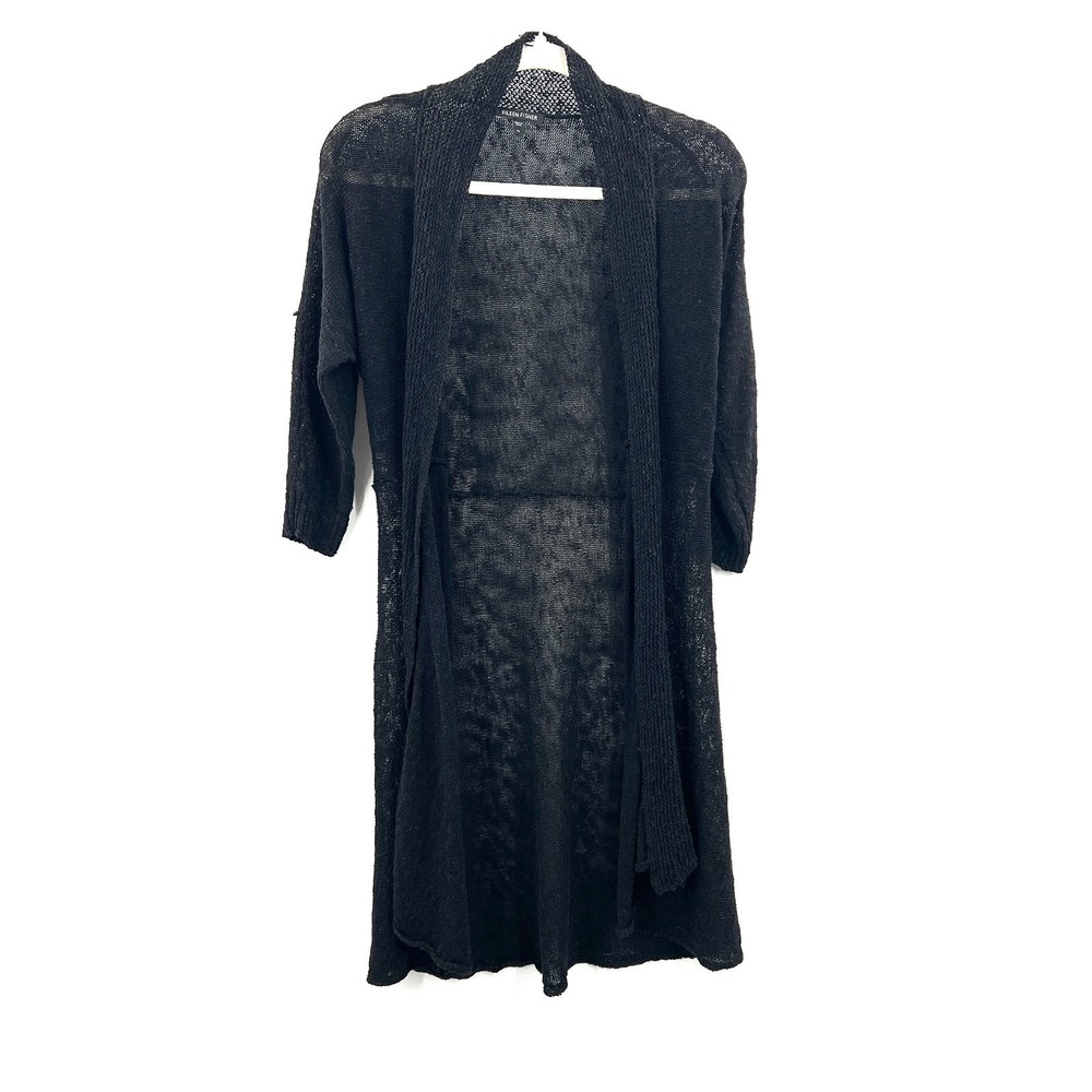 Eileen Fisher Black loose knit cardigan sweater linen blend quiet luxury goth M
